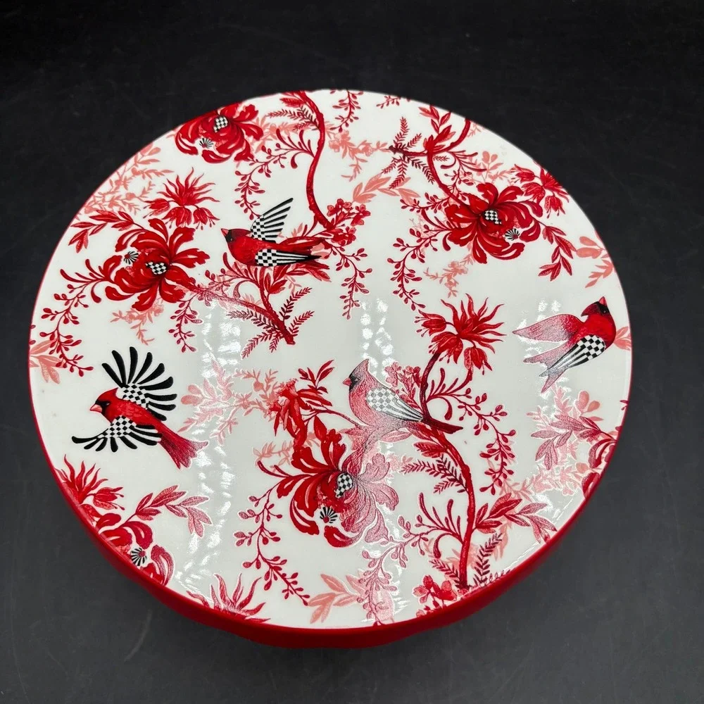 MacKenzie-Childs Cardinal Floral Cake Stand Courtly Check Base Red White Black
